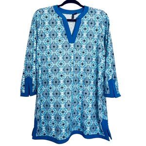 Aqua Et Sol Tunic Swim Cover Up Womens Medium Blue Tile Print UPF 50 Beach Pool